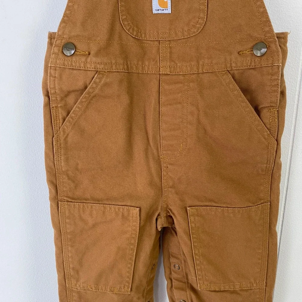 Carhartt Kids Flannel Lined Canvas Bib Overalls Brown Plaid Sz 18M